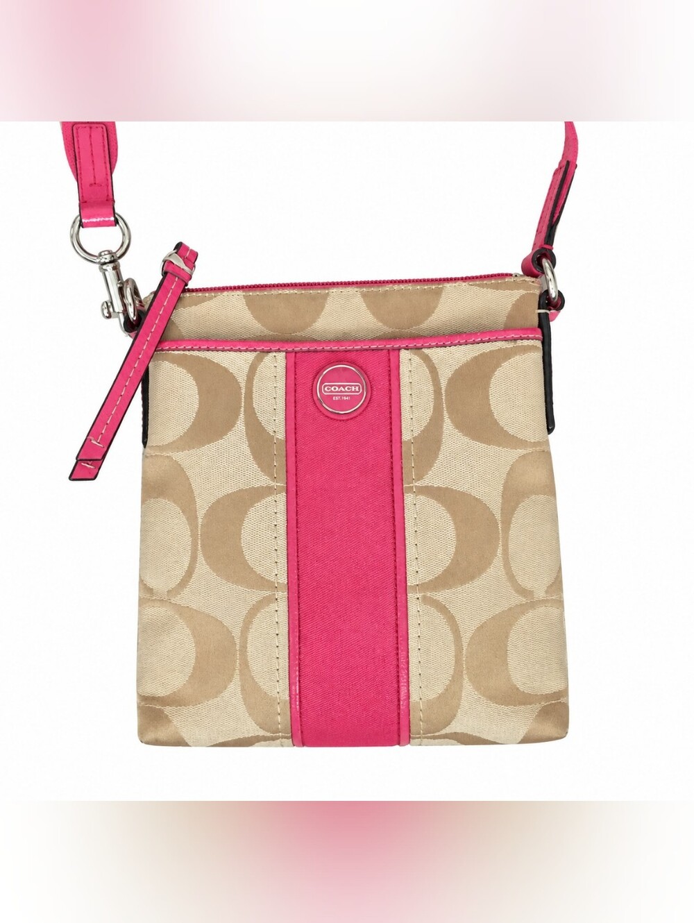 Coach Tan & Pink Signature Stripe Crossbody EUC